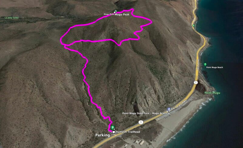 Transportation service The Chumash Trail has multiple trailheads. One is located in Point Mugu State Park, accessible off of Pacific Coast Highway (PCH). The Chumash Trail trailhead is accessible off of PCH at this link. It is at the western tip of Point Mugu State Park, about 2 1/2 miles from where Las Posas Road connects to PCH in Camarillo, and about 10 miles from the intersection of Las Posas Road and Highway 101. It is across the street (PCH) from a Naval Base Ventura County training range. Look for the left turn into a small dirt parking area that has space for perhaps 15 or so cars.